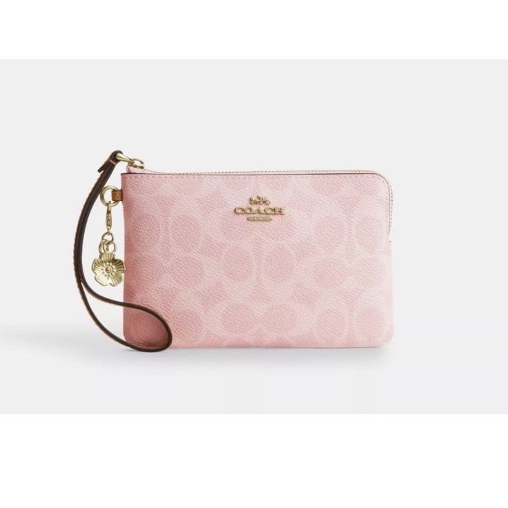 COACH Corner Zip Wristlet In Signature Canvas With Charms - CEF72 - Powder Pink
